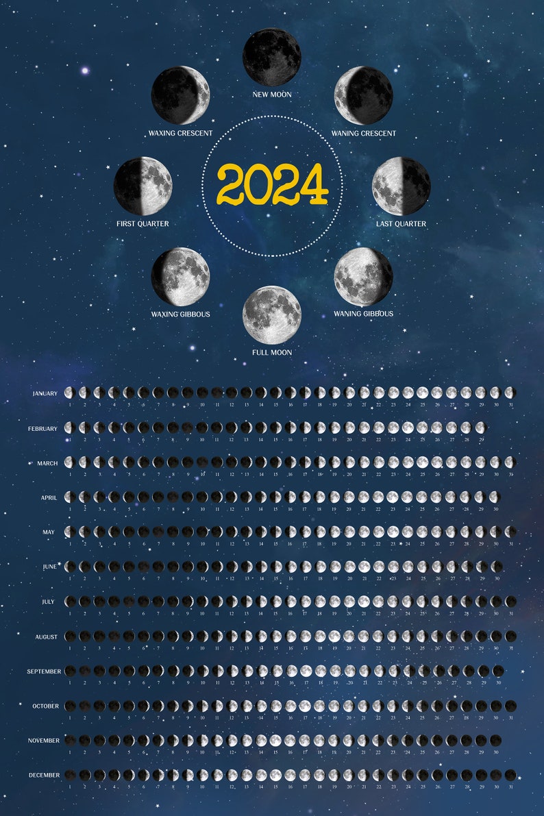 12 X 18 Moon Phase 2024 Poster, Moon Calendar 2024 Poster, Lunar