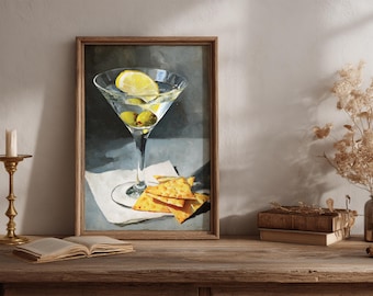 Martini and Cheese Crackers Print, Vintage Cocktail Art Poster, Bar Cart Decor, Oil Painting, Kitchen Wall Decor, Gift for Girl - No Frame