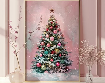 Preppy roze kerstboomprint, kleurrijke kunst Merry X-mas, festivalwinter, girly pinky Christmas, antieke vakantie, roze boerderijdecor