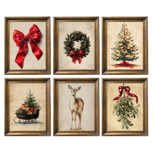 Stampa artistica natalizia vintage da parete, Galleria di schizzi natalizi, Set di quadri invernali da parete, Natale in stile rustico, Stampa con slitta