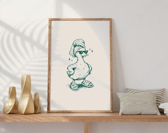 Coole eend in pantoffels Poser groen, retro vintage kunst, badkamer muurkunst decor, eend print, digitale download, SVG