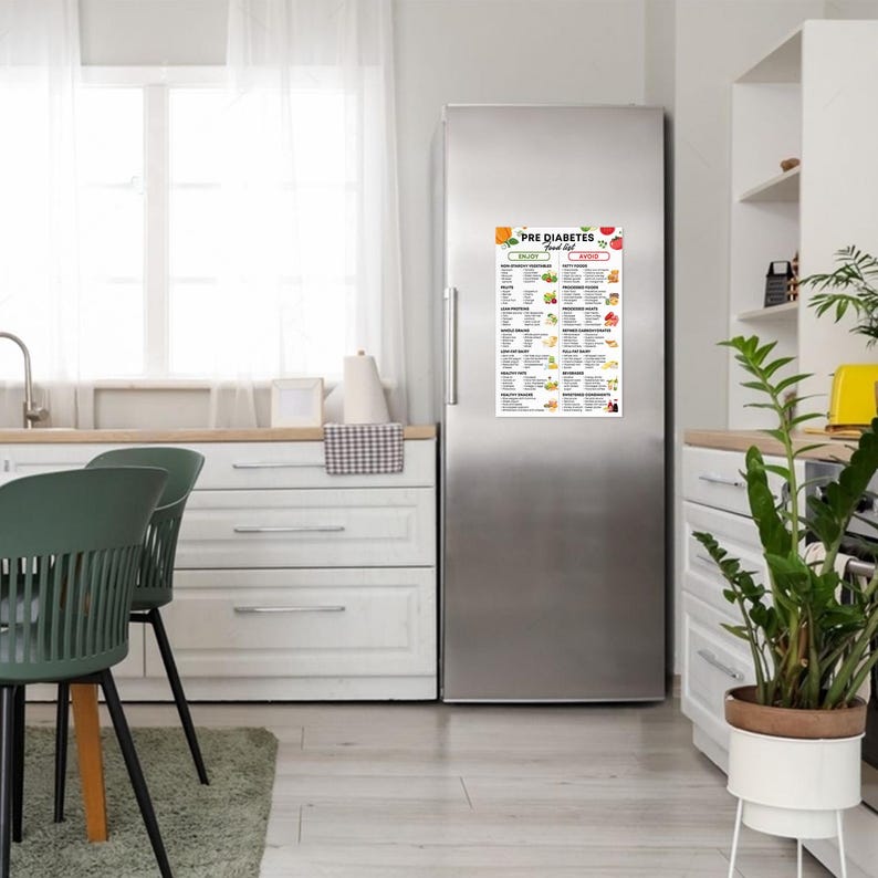 May include: A white refrigerator with a magnetic chart titled "Pre-Diabetes Food List" attached to the door. The chart lists foods to eat and avoid for pre-diabetes.