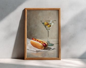 Hot Dog and Dirty Martini Poster, Food and Drink Art, Oil Painting, Housewarming, Cocktail Cart Decor, Fast Food, Gif for Him - No Frame