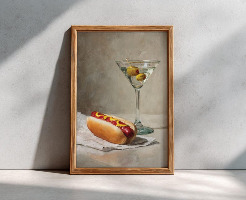 Hot Dog and Dirty Martini Poster, Food and Drink Art, Oil Painting, Housewarming, Cocktail Cart Decor, Fast Food, Gif for Him - No Frame