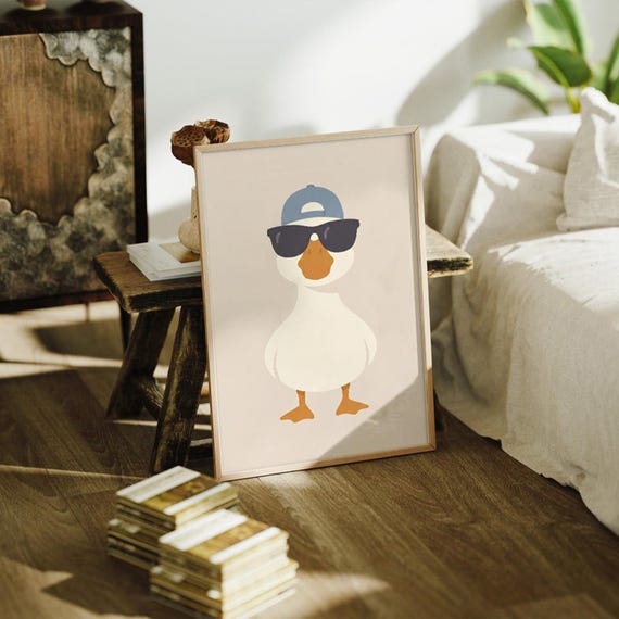 Silly Goose Wall Art Print, Cute Goose Poster, Sports Nursery Decor, Baseball Hat Toddler Boy Art, Farm Animal, Digital Download