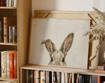 Vintage Easter Bunny Print, Antique Rabbit Oil Painting Art, Neutral Cottagecore Nursery Decor, Animal Cottagecore Decor