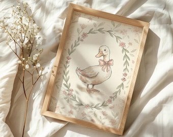 Dumme Gans Druck, süße Ente Poster, Mädchen Kinderzimmer Wand Kunst, Bauernhof Tier, Kokette Zimmer Dekor, Bauernhaus Mädchens Zimmer Dekor, Blumen Rosa