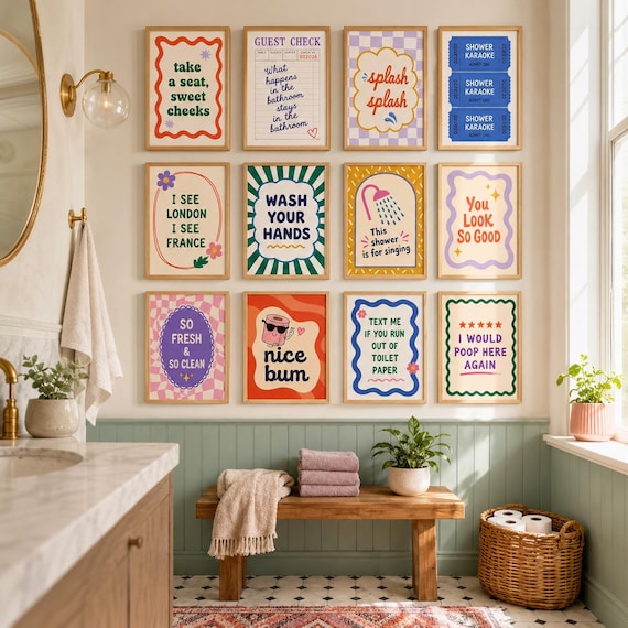 Funny Bathroom Prints, Eclectic Bathroom Gallery Wall Set, Toilet Humor Art, Bathroom Gallery, Guest Bath Decor