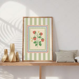 Vintage Striped Strawberry Poster, Cottagecore Art Decor, Botanical, Kitchen Decor, Cute Floral Art, Flowers, Fruits, Digital Download, SVG
