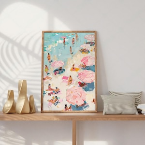 Retro Coastal Beach Poster, Vintage Summer Bathroom, Girly Apartment, Pink Umbrella,Colorful Art, Digital Download, PNG