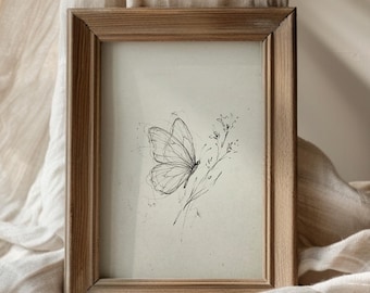 Stampa vintage con schizzo di farfalla, arte boho rustica, disegno botanico, decorazione cottagecore, schizzo a inchiostro di insetto, arte murale neutra, decorazione floreale