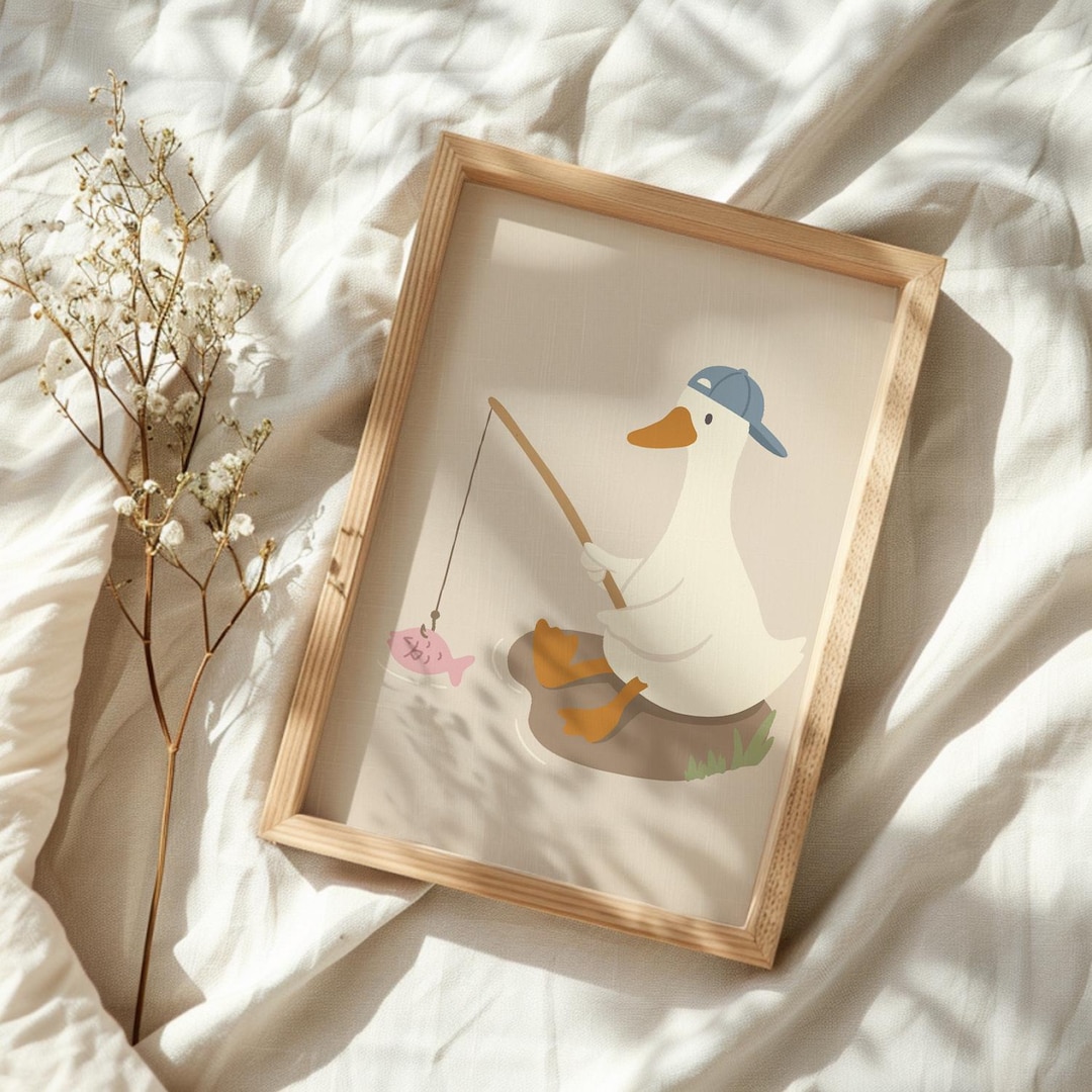Silly Goose Print, Silly Goose Wall Art Print, Boy Nursery Decor, Toddler Boy Art, Farm Animal, Goose Fishing, Cottage Core Decor - 16x24" Unframed