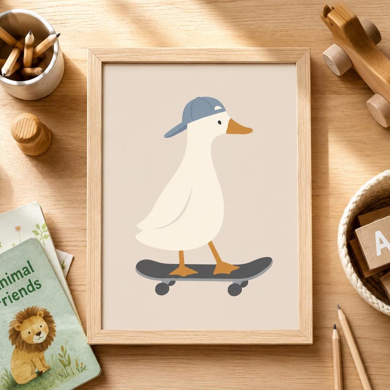 Silly Goose Print, Silly Goose Wall Art Print, Boy Nursery Decor, Toddler Boy Art, Farm Animal, Skateboard, Kids Room, Cottage Core Decor image 6