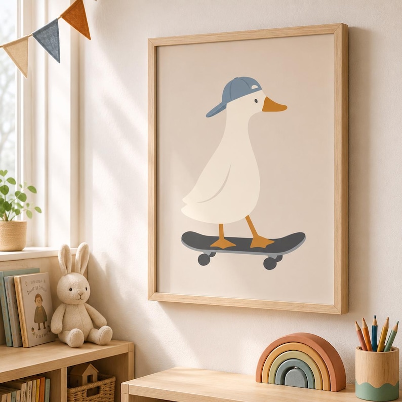 Silly Goose Print, Silly Goose Wall Art Print, Boy Nursery Decor, Toddler Boy Art, Farm Animal, Skateboard, Kids Room, Cottage Core Decor image 7