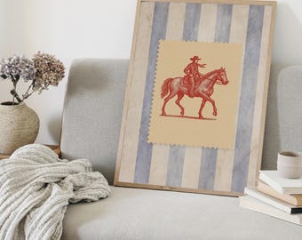 Stampa vintage a righe da rodeo, stampa rustica di metà secolo, stampa retrò con cavalli, download digitale, decorazione murale con estetica da cowboy