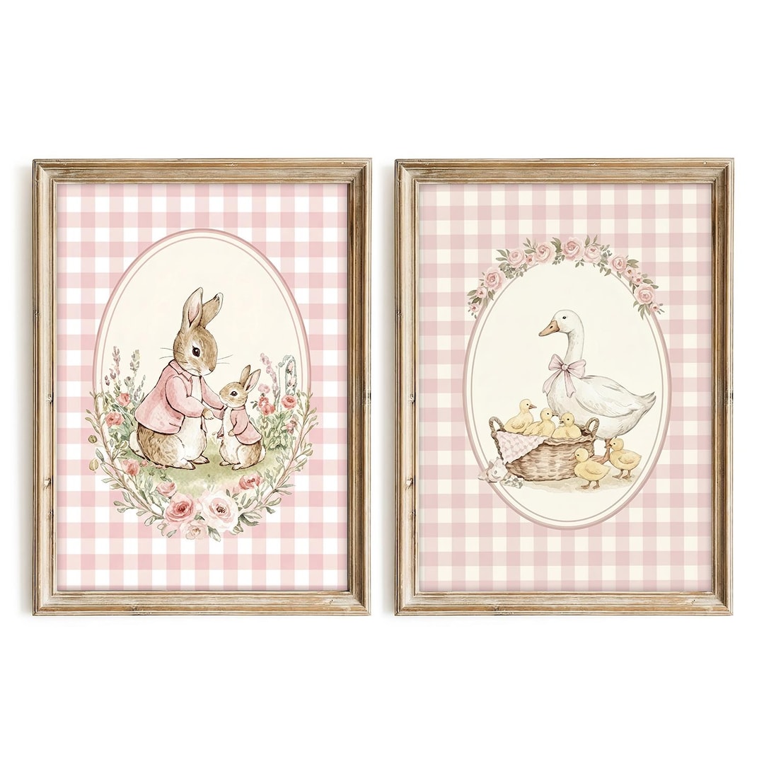 Bunny and Silly Goose Nursery Wall Art Set, Vintage Cottagecore Rabbit ...