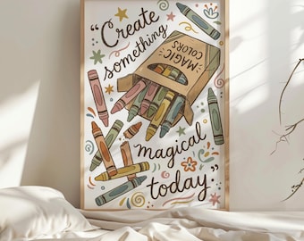 Arte mural retro divertido con crayones, decoración infantil original para el cuarto de juegos, decoración infantil, impresión de crayones de colores, impresión inspiradora para niños