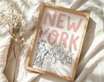 Stampa di New York, paesaggio urbano preppy per dormitorio femminile, decorazioni da viaggio, stampe pastello di New York, parete estetica, stampa preppy femminile