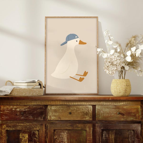 Silly Goose Wall Art Print, schattige gans poster, decor sport kinderkamer, baseball hoed peuter jongen kunst, landbouwhuisdieren, digitale download, png