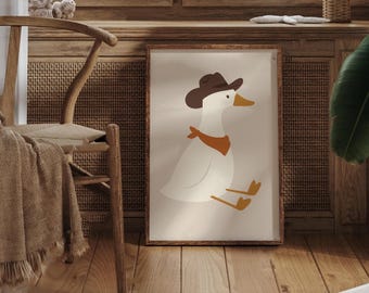Cowboygans print, Silly Goose Wall Art Print, western kinderdagverblijf decor, peuter jongen kunst, boerderijdier, herfstgans, kinderkamer