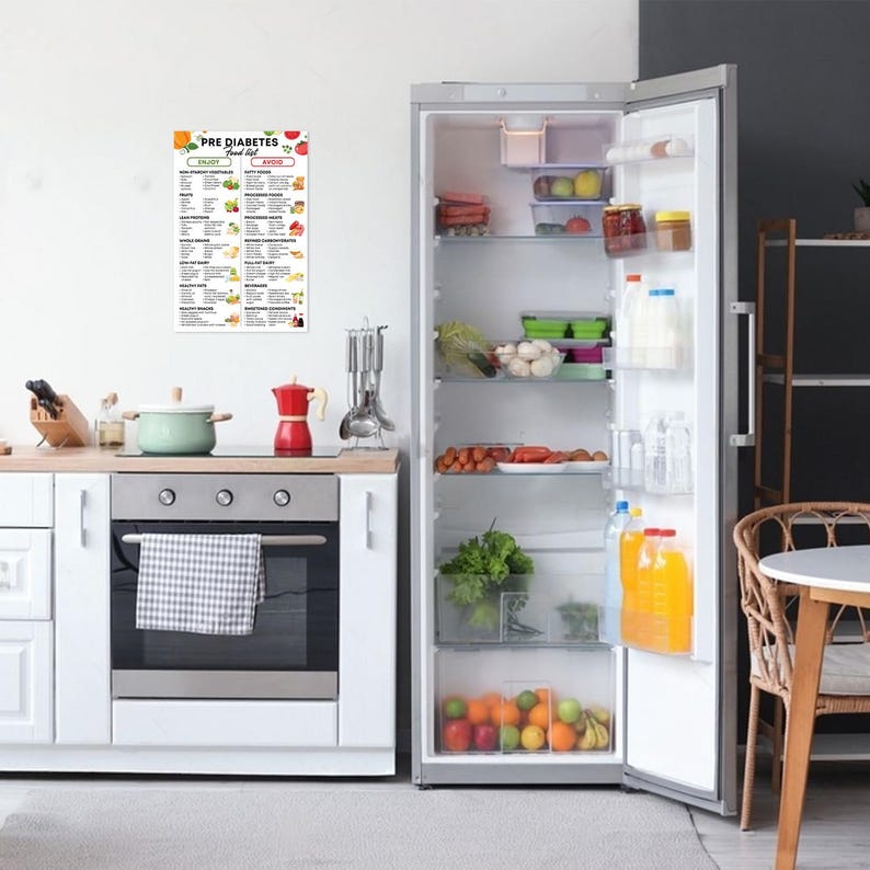 May include: A white refrigerator with the door open, revealing a variety of food items stored inside. A white poster with the text "PRE DIABETES Food List" is hanging on the wall behind the refrigerator.