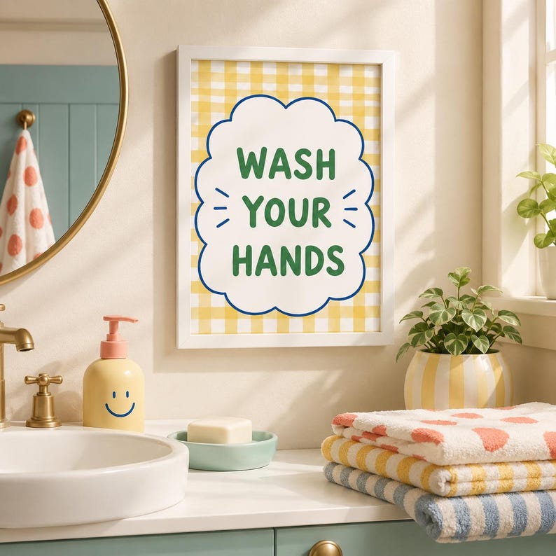 May include: A rectangular wall art print in a white frame featuring a yellow and white gingham background with a scalloped white border and the green text WASH YOUR HANDS centered inside. The print is displayed on a wall above a bathroom sink.