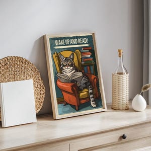 Cat Reading Poster, Wake Up and Read Art, Reading Art, National Library, Cute Cat Print - No Frame