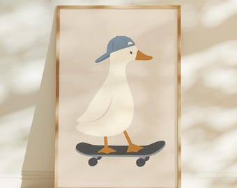 Impressão de ganso bobo, impressão de arte de parede de ganso bobo, decoração de berçário para meninos, arte para meninos pequenos, animal de fazenda, skate, quarto infantil, decoração de casa de campo