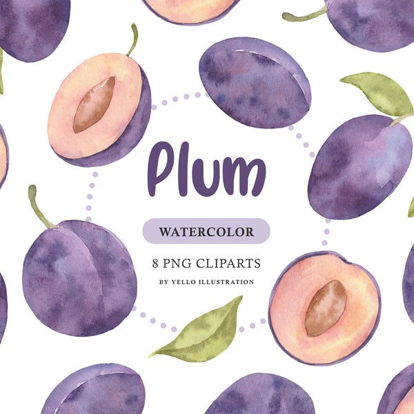 Aquarell Pflaume Clipart Png, lila Obst, Herbst Garten, Marmelade Label Kunst, Png-Grafiken.