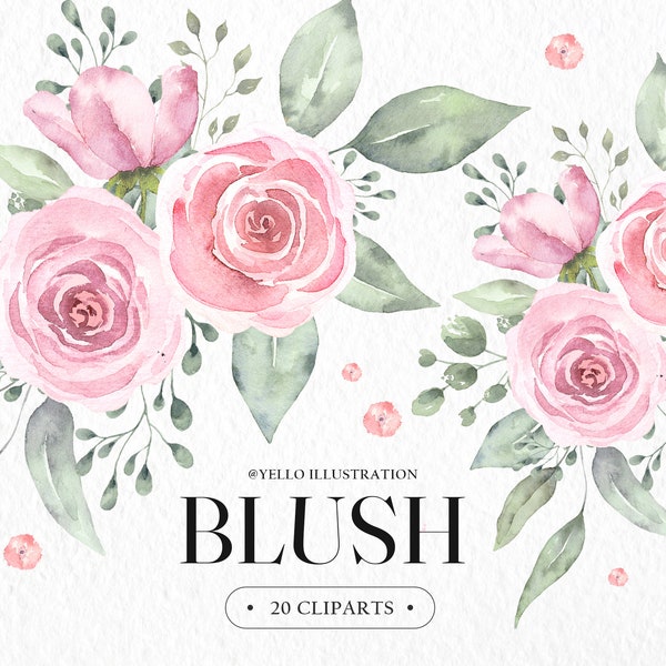 Romantic Blush Watercolor Floral Clipart Pink Orange Flowers Light Aquarelle Roses  Bouquets Digital Download Clip Art PNG