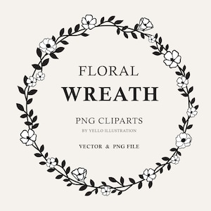 Floral wreath, frame design, black circle border, botanical wreath monogram, png svg