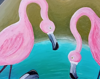 Original Oil painting &quot; Flamingos and a plastic bottle&quot; by J Stone, surrealist Salvidor Dali stye