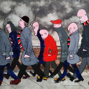 Printable Digital Download &quot;On the way to the Match&quot; L.S.Lowry style Manchester United FC , Sheffield United FC, Sunderland FC Colours