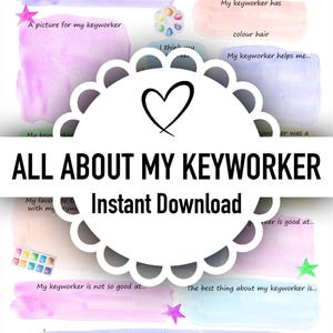 Könnte beinhalten: Ein ausdruckbares Arbeitsblatt mit dem Titel "Alles über meinen Keyworker" mit Aquarell-Hintergründen in Pastellfarben. Enthält Aufforderungen für persönliche Informationen und einen Abschnitt für einen sofortigen Download.