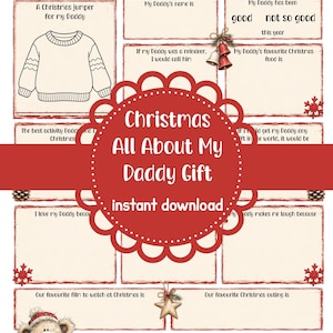 May include: A printable All About My Daddy Christmas 2026 questionnaire sheet featuring a cream background with red text and borders. It includes sections for writing, illustrations of a teddy bear, a Christmas jumper, bells, and a gift box.