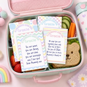 May include: A set of four rectangular lunchbox notes for Gracie, featuring pastel patterns including polka dots, checkers, and chevrons. Each card displays the text A LUNCHBOX NOTE FOR Gracie and includes handwritten-style messages in blue ink.