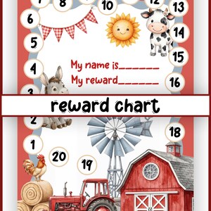May include: A colorful reward chart with a farm theme. The chart features illustrations of a donkey, cow, rooster, tractor, barn, and windmill. The chart has spaces for a name and reward, and numbers 1-20.