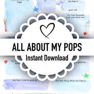 Könnte beinhalten: Ein druckbares "Alles über meinen Pops"-Fragebogen mit Aquarell-Hintergründen. Das Design enthält Ausfüllfelder für persönliche Details, Lieblingsdinge und eine Nachricht. Enthält eine Herz- und Stern-Grafik.