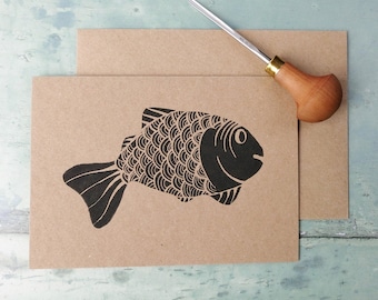 Fish Greetings Card, Original Lino Print, Blank For Your Own Message, Eco Friendly Card