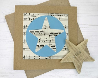 Hand Painted Star Card, Blue Star on Music Sheet Paper, Blank For Your Own Message, Eco Friendly Card