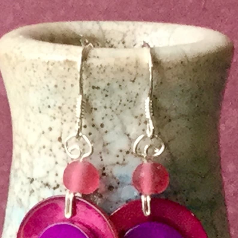 with Frosted Glass Beads and Sterling Silver Stems Shell Two Button Small Earrings in Hot Pink and Purple Button Jewellery From Cornwall