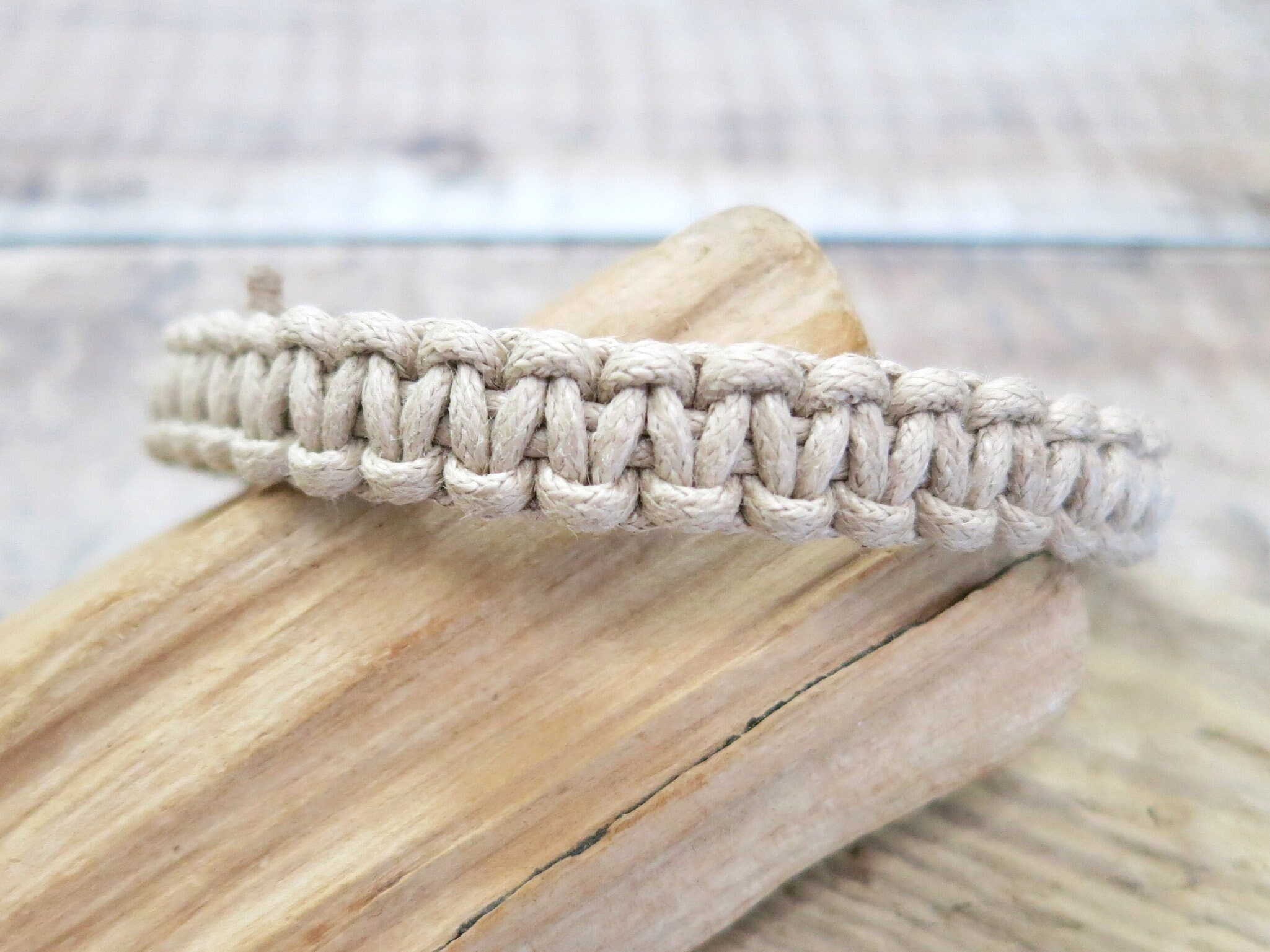Nato Cuff Braided Cotton Bracelet - 4mm, Adjustable Sliding Knot, Handmade In France (Brown-White)