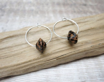 Sterling Silver Hoop Earrings with Leopard Print Wooden Beads - 18mm