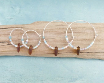 Sterling Silver Hoops, Burnt Orange Cornish Sea Glass with Pastel Mix Seed Beads - 18mm or 30mm