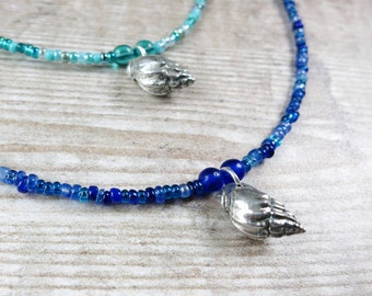 Seed Bead Necklace with a Silver Coated Little Bear Conch Shell, Blue or Turquoise, Surfer style, Gifts For Girls