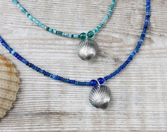 Seed Bead Necklace with a Silver Coated Cornish Cockle Shell, Blue or Turquoise, Surfer style, Gifts For Girls