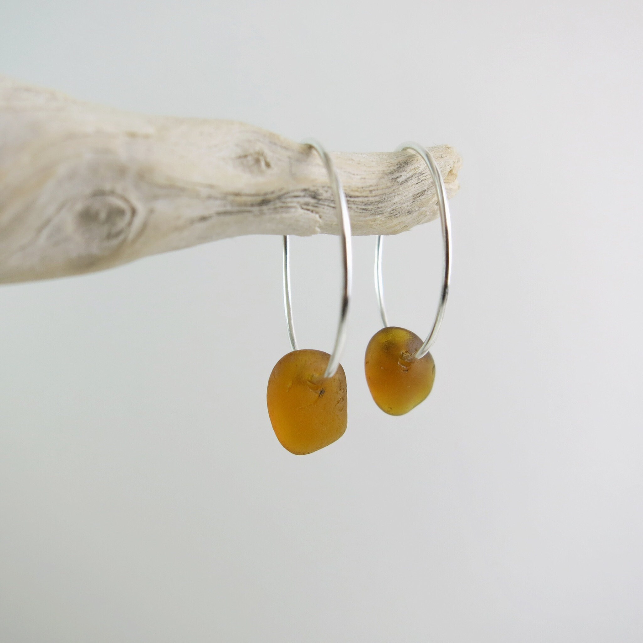 Amber Cornish Sea Glass on Sterling Silver 18mm Hoop Earrings Etsy