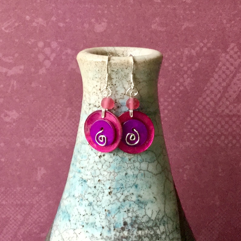 with Frosted Glass Beads and Sterling Silver Stems Shell Two Button Small Earrings in Hot Pink and Purple Button Jewellery From Cornwall