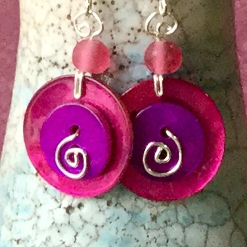 with Frosted Glass Beads and Sterling Silver Stems Shell Two Button Small Earrings in Hot Pink and Purple Button Jewellery From Cornwall