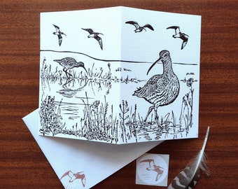 Curlews Card. Handprinted linocut
